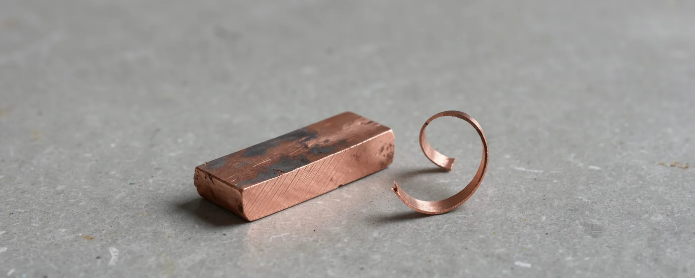 A small piece of raw copper with a freshly cut edge and a curled copper shaving on pale stone.