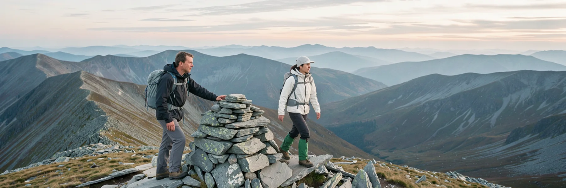 Two friends reach a mountain summit cairn at sunrise.