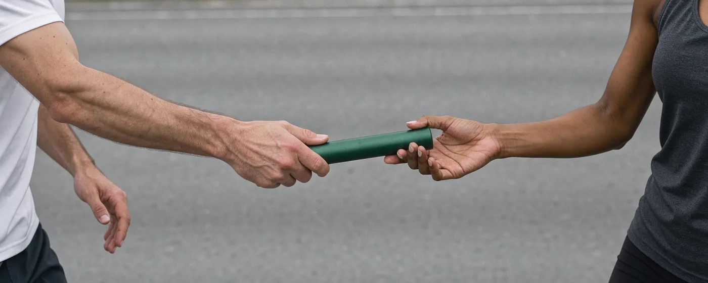 One runner passes a plain baton into another runner's waiting hand.