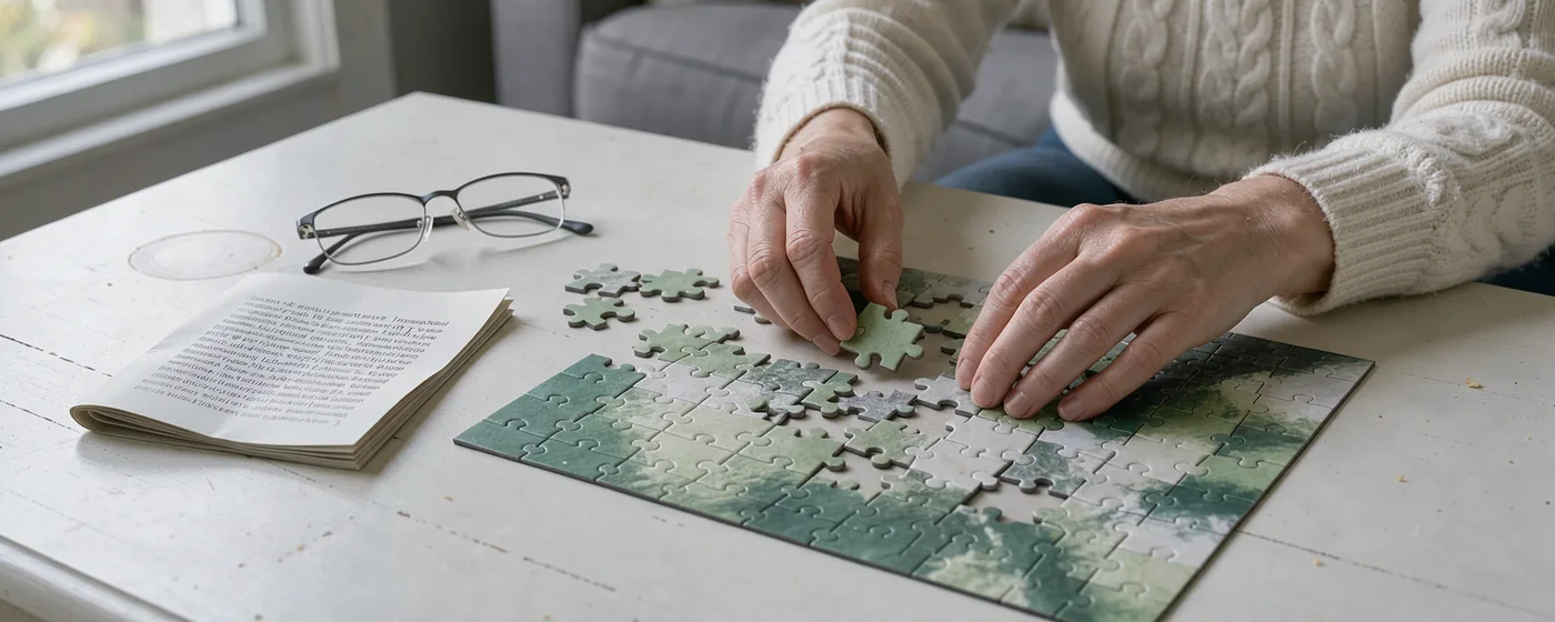 An adult at home sets aside a short article and reading glasses beside an unfinished jigsaw.