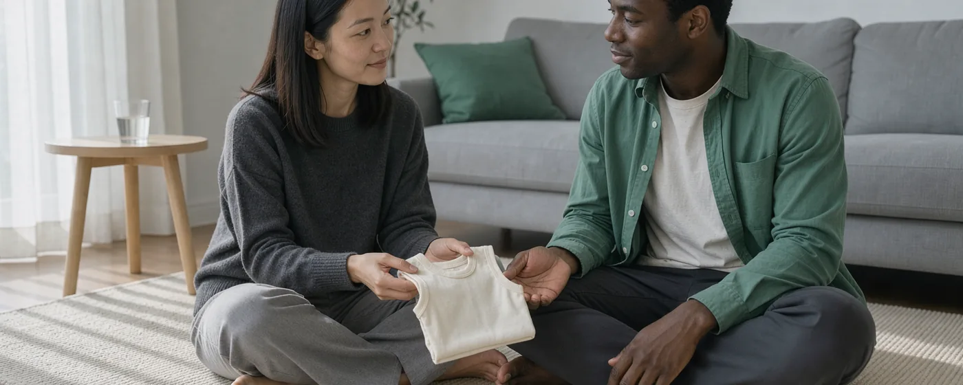 Two adult partners quietly discuss a small folded baby garment at home.