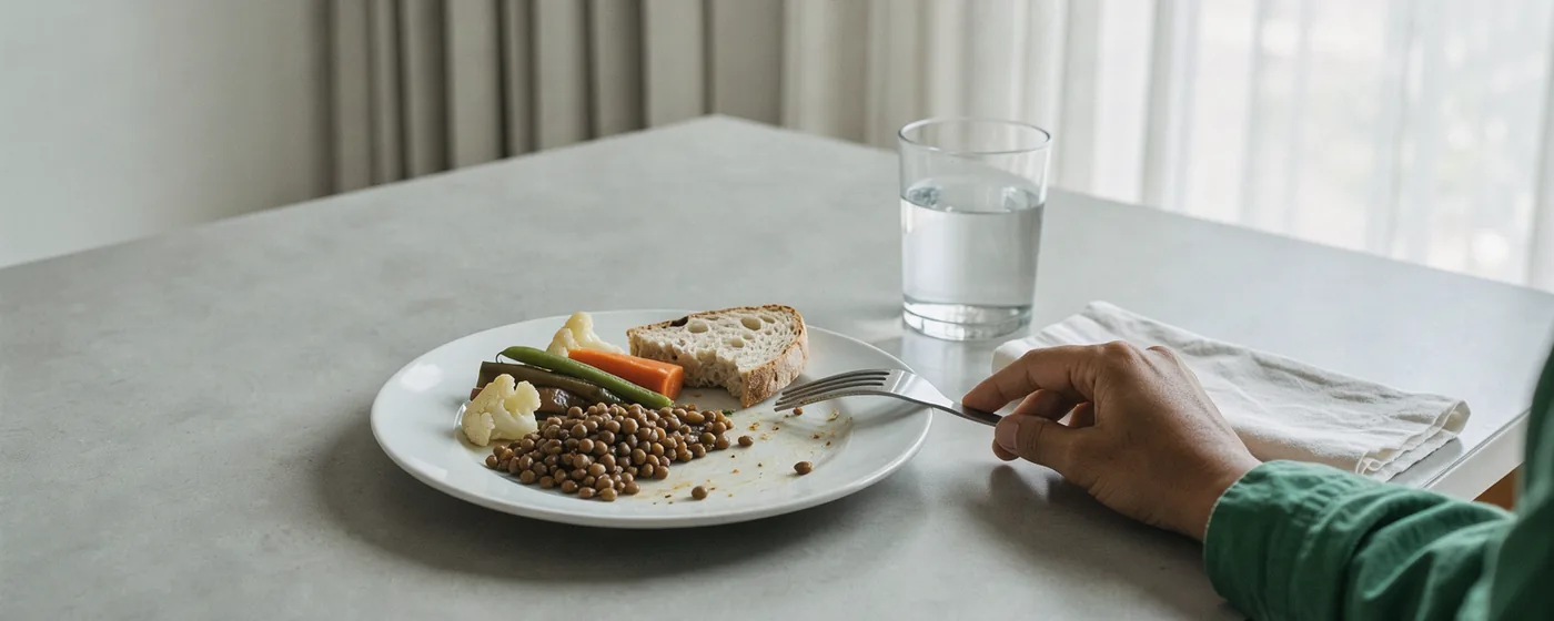 An adult sets down a fork beside a partly eaten lunch at a home dining table.